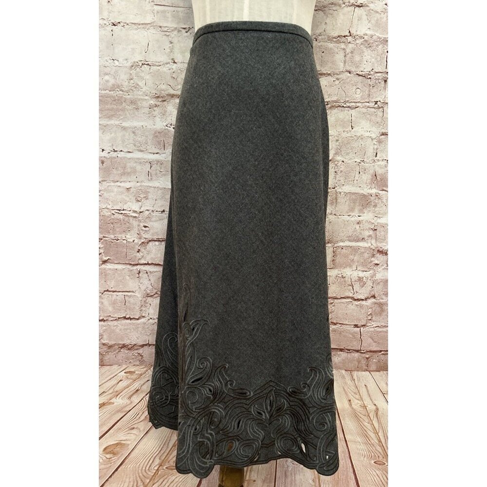 Talbots A Line Midi Skirt Size 14 Wool Blend Stretch Gray Embroidered  NEW
